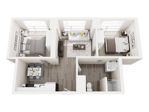 A floor plan of a house with a kitchen, living room, and two bedrooms.